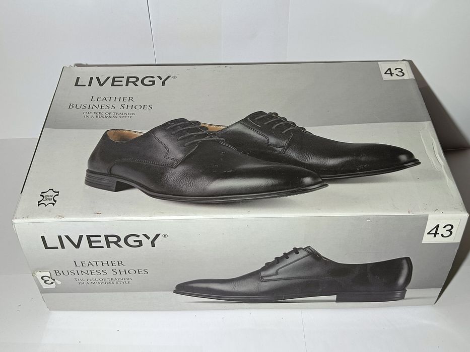 NOWE | Skórzane półbuty męskie LIVERGY, r. 43, czarne, wizytowe/biznes