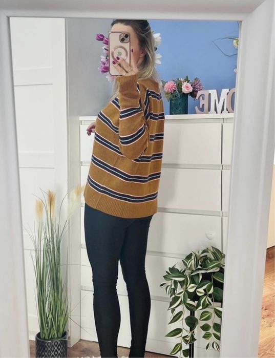Ciepły Sweter oversize paski karmelowy włochaty granatowy milutki