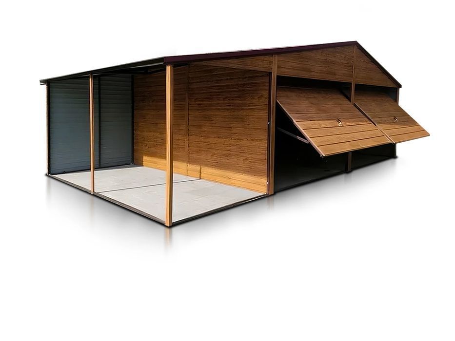 Garaż dwustanowiskowy 6x5 m wiata 1 m - Dach dwuspadowy, Brama uchylna