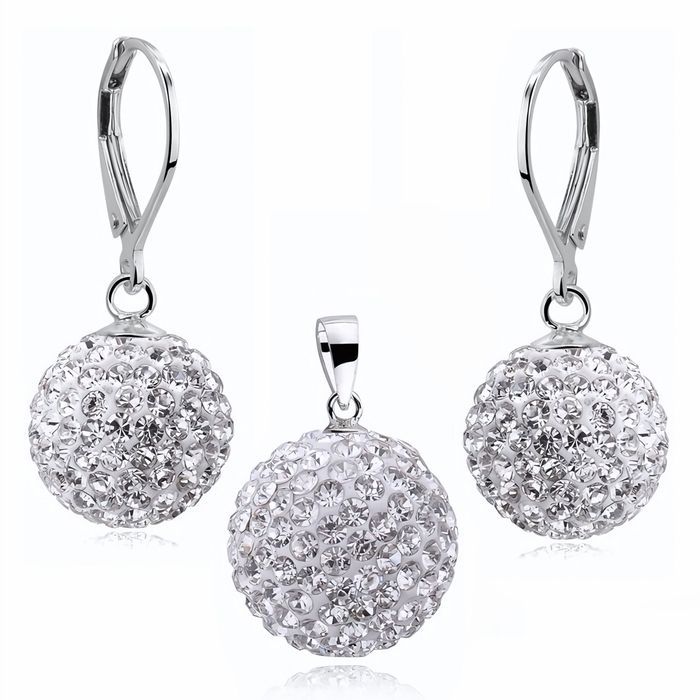 Elegancki Wiszący Srebrny Komplet Białe Kuleczki Crystal Beads 14Mm 16Mm Shamballa Srebro 925 Z680_14_16