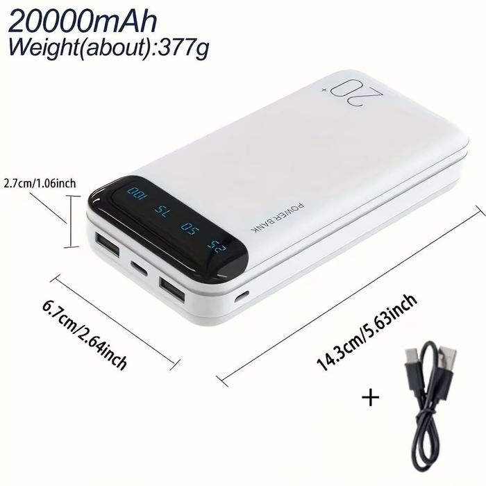 Портативный павербанк / Power Bank / Мобильная Батарея / Большой емкости / LED дисплей / 20000mAh / 5V2.1A /  USB-зарядка для андроида и айфона