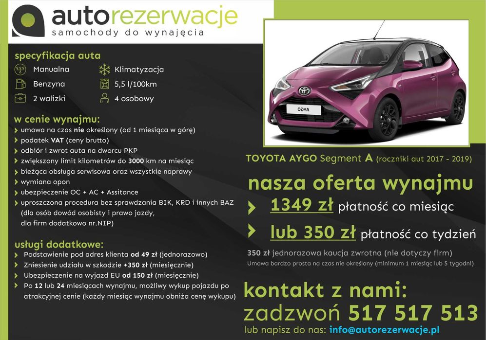 Wynajem wypożyczenie samochodów/aut za 1299 za 30 dni lub 335 co 7 dni