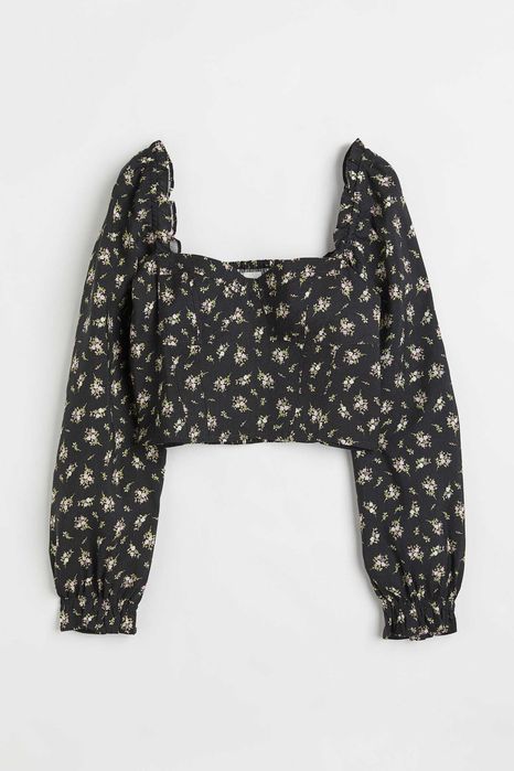 Bluzka H&M L 40 kwiaty wzór floral top milk maid len lniana czarna