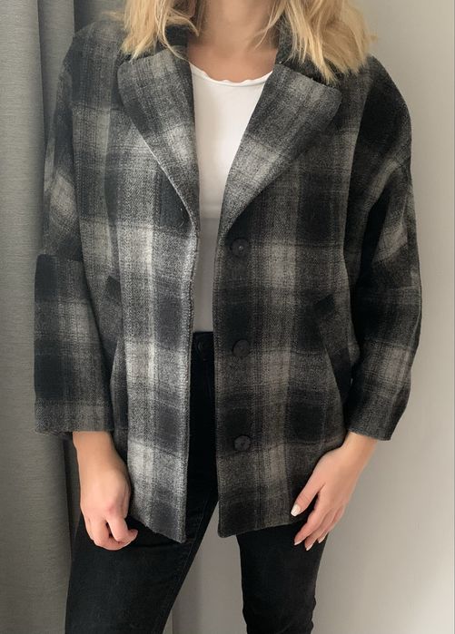 Wełniana kurtka okrycie wierzchnie w kratę blezer S M L XL oversize