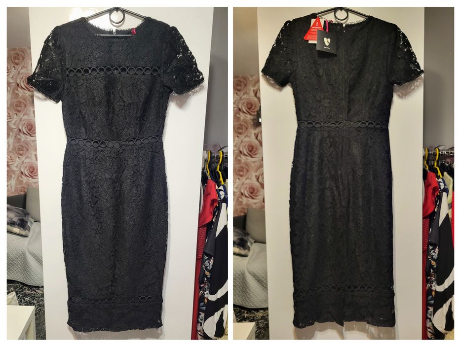 Czarna klasyczna sukienka z gipiury, midii xs-S, święta, impreza,