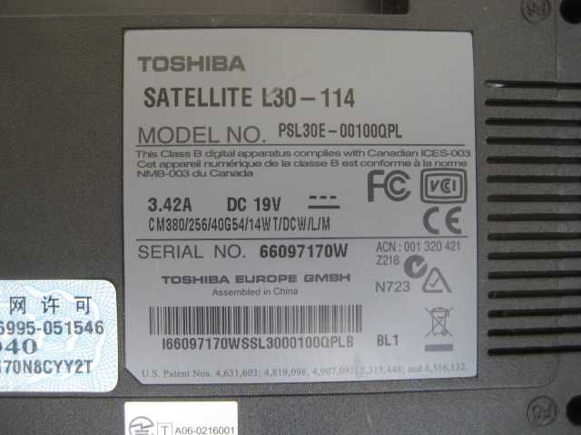 Laptop Notebook Toshiba Satelite L30-114  Model No: PSL30E-00100QPL