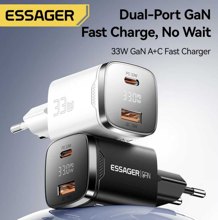 Зарядний пристрій Essager 33W GaN USB Type C з LED дисплеєм