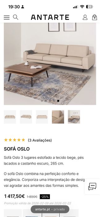 Sofa Oslo Bege Antarte - 3 Lugares