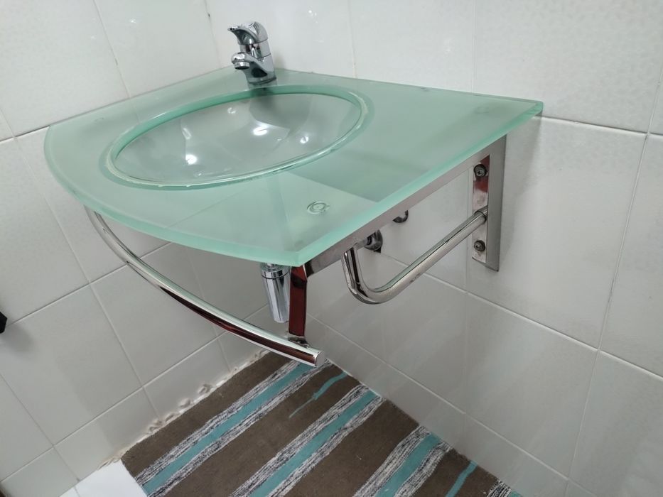 Lavatório de Vidro para Casa de Banho com Suporte Cromado