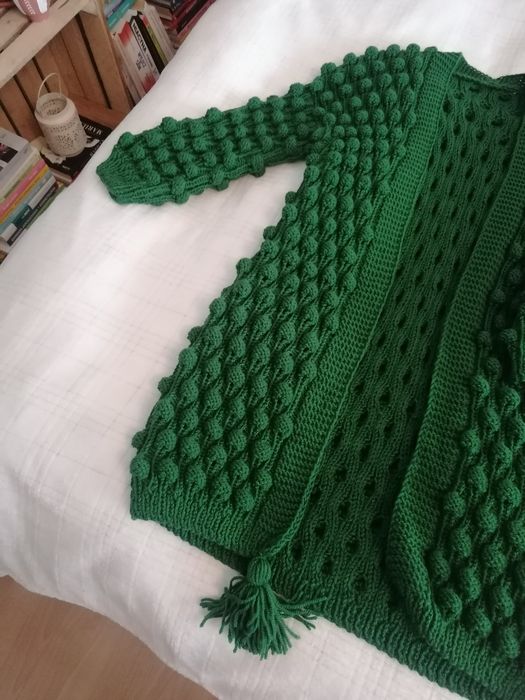 Zielony popcorn sweter ręcznie robiony na drutach Handmade M L