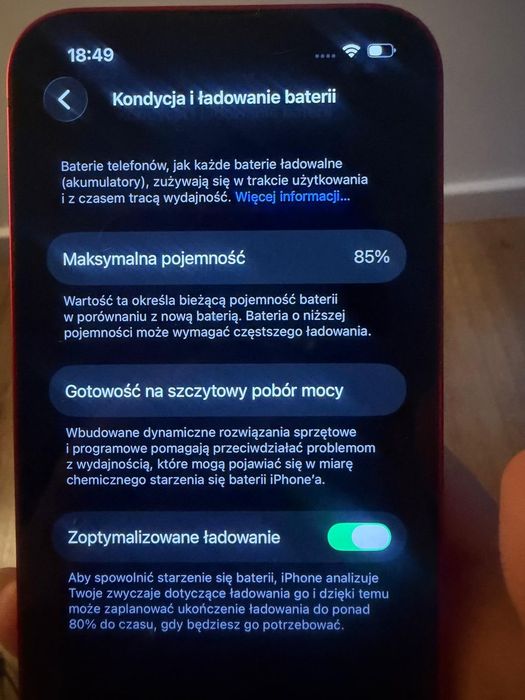 iPhone 13, czerwony 128GB, stan baterii 85%