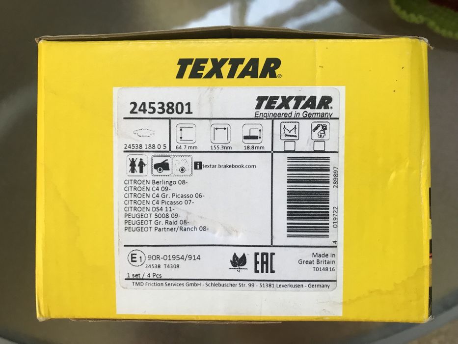 Kit 4 pastilhas travão Textar - Berlingo, Partner, C4, DS4