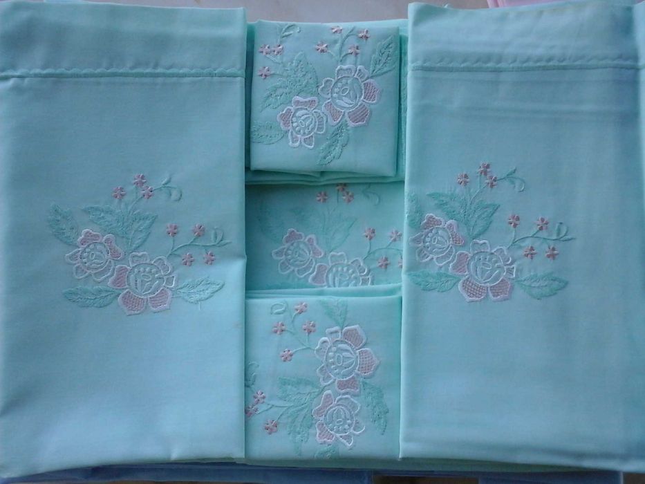 LENÇÓIS de LINHO Bordados, Cama Solteiro, VERDE Marinho Claro- NOVOS!