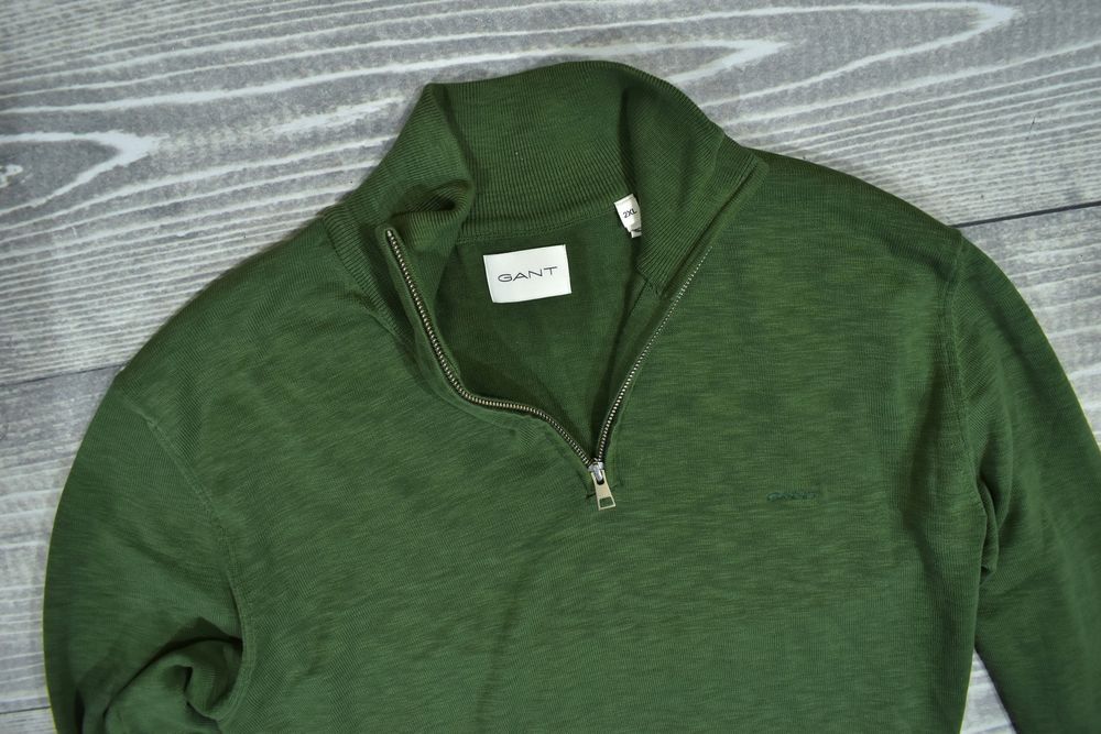 Gant Zielony Bawełniany Sweter Męski Zip Neck Xxl