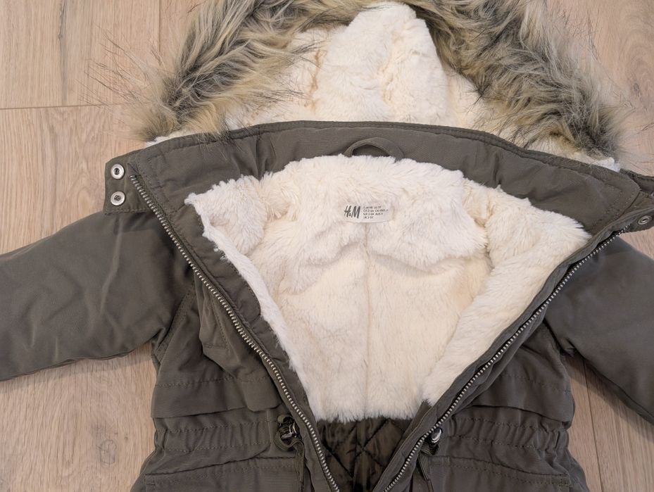 HM watowana parka, rozmiar 98, zieleń khaki, na futerku