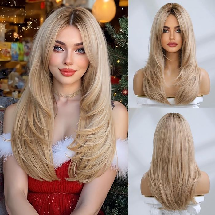 Długa Prosta Peruka Ombre Blond Z Ciemnymi Odrostami