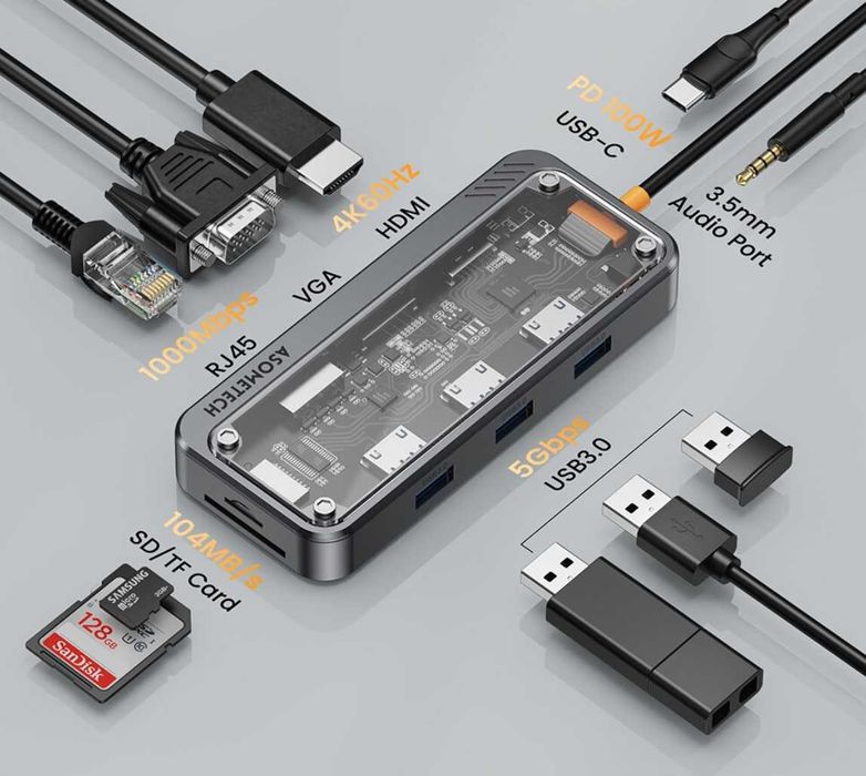 Док станция USB-С Hub Asometech SW10V-PRO 10-IN-1 VGA HDMI RJ45 USB ...