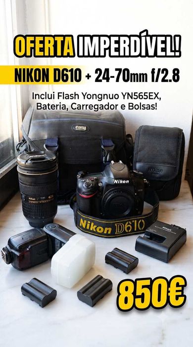 Kit Profissional Full Frame: Nikon D610 + Nikon 24-70mm f/2.8G ED + Flash + Acessórios (Negócio em Mãos)
