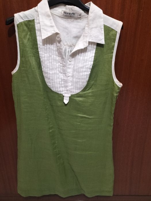 Vestido M de linho verde e branco