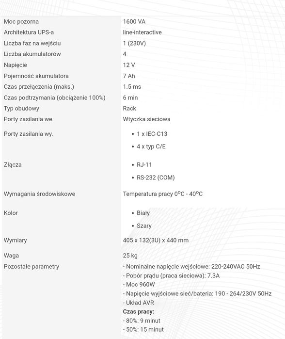 UPS Fideltronik Ares 1600 Rack zasilacz awaryjny