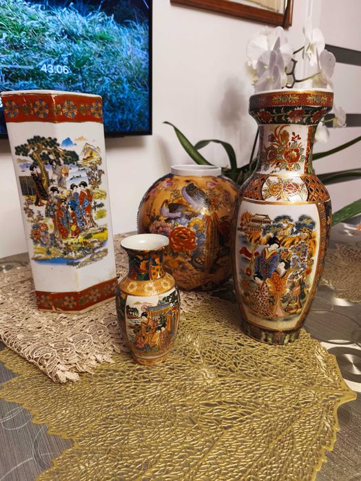 Komplet wazonów Satsuma vintage orientalne Japonia styl