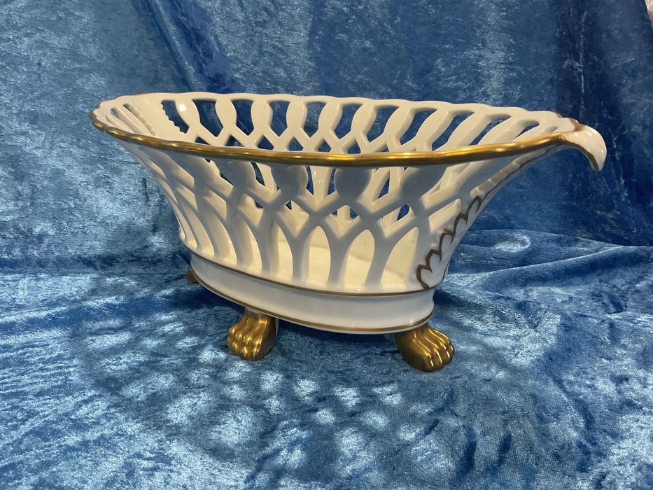 Fruteira vista alegre porcelana pintura manual a ouro 31 cm