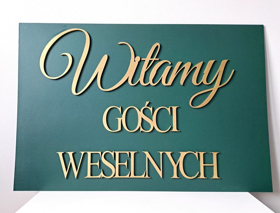 Witamy Gości Weselnych złoty napis butelkowa zieleń