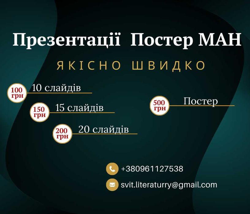 Презентації. Постер МАН. Якісно та вчасно. PowerPoint, PDF, Canva.
