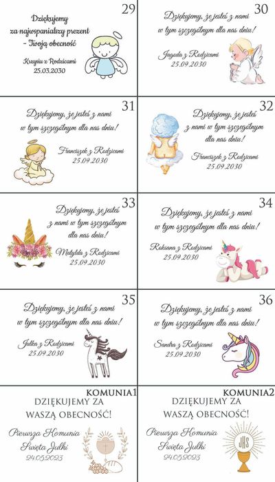 Bileciki do podziękowań dla gości chrzest, roczek, urodziny, komunia