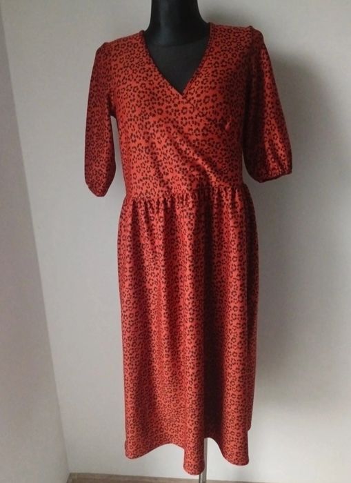 Sukienka długa krótka panterka kwiatki krótki rękaw dekold w serek V vintage boho