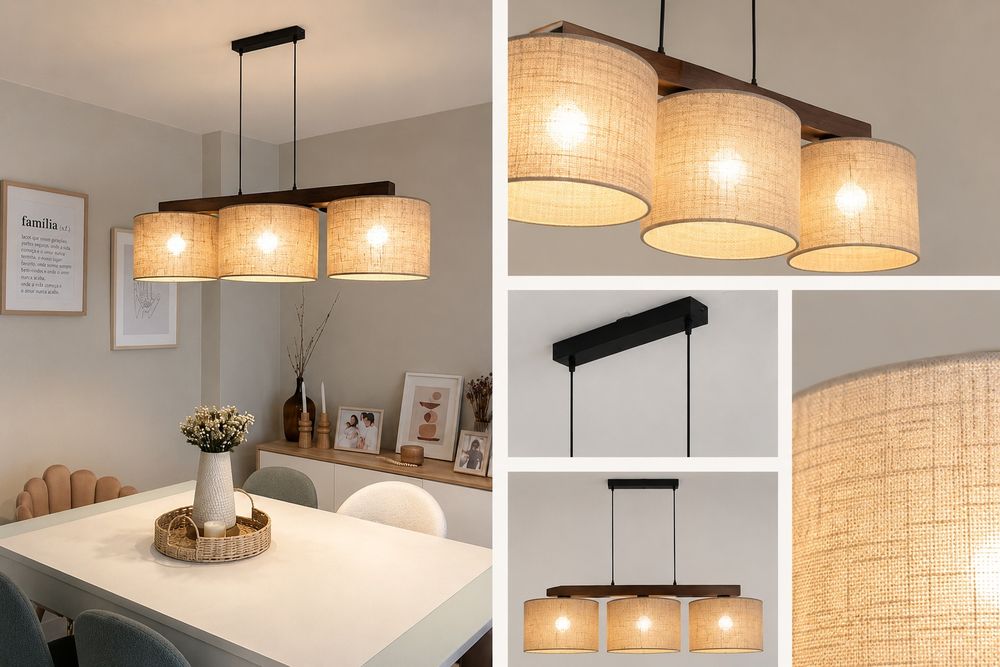 Candeeiro Pendente 3 Luzes – Madeira e Linho – Moderno com 3 meses de uso