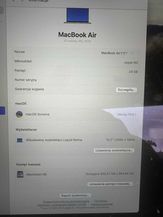 MacBook Air 15cal, 24 GB, 15,3", 1T, srebrny