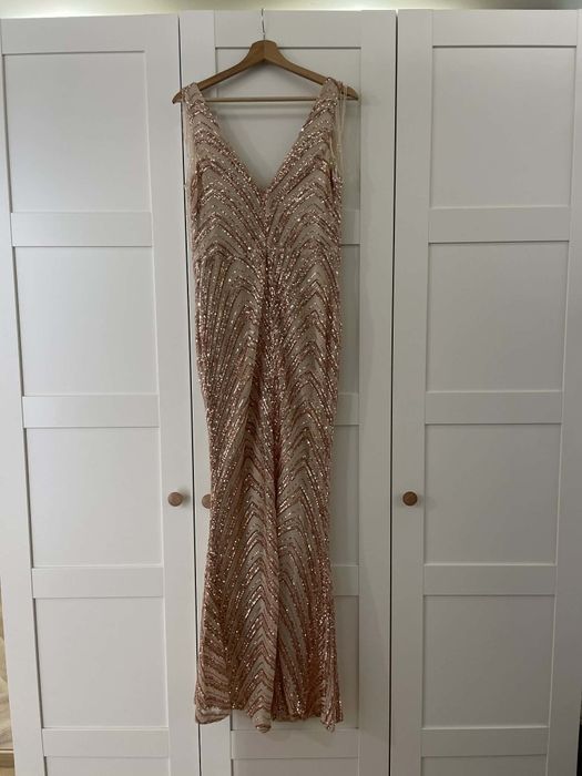 Sukienka wieczorowa maxi – cekiny, różowe złoto , Sylwester