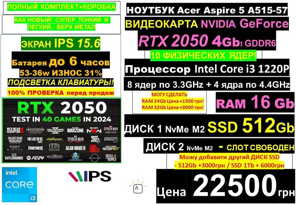 є90 Ноутбуків‼️12 ядер‼️ACER‼️RTX2050‼️Core i3 12Th/SSD 512/RAM16-32Gb