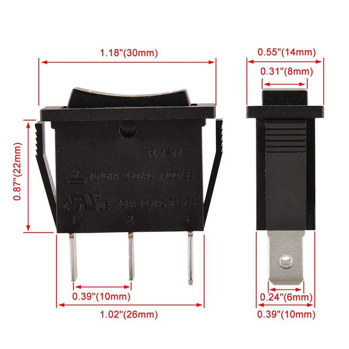 Interruptor Heschen ON-OFF-ON Basculante 3 Terminais 15A 250VAC Preto