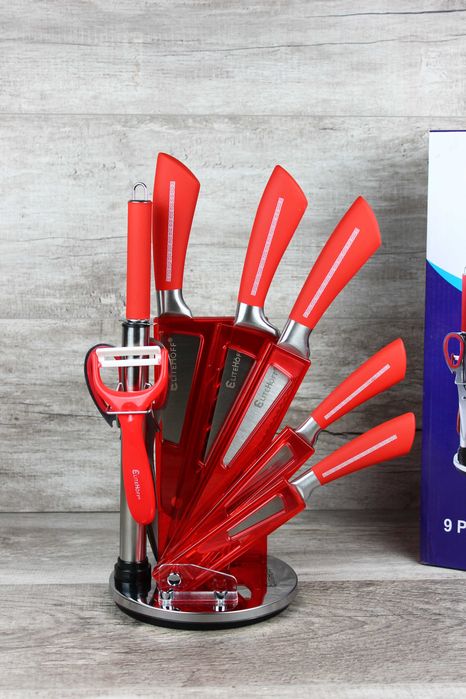 Czerwony Zestaw noży Elitehoff E-6264 – 9 el. obrotowy stojak