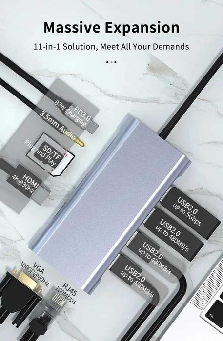 Разветвитель Xаб Hub 11 в 1 USB-C/HDMI/Micro SD/VGA/RJ45/PD100W 4K UHD