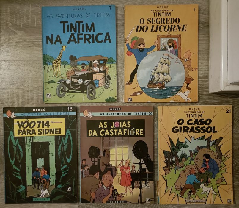 5 livros BD de Hergé: As Aventuras de Tintim (n°s 7, 9, 18, 20 e 21)