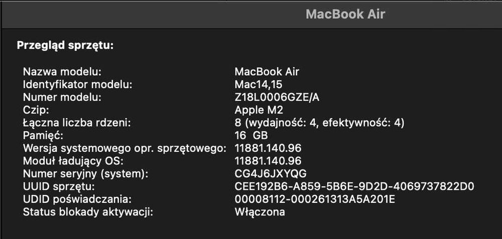 Macbook Air M2 15,3 cala 16GB RAM