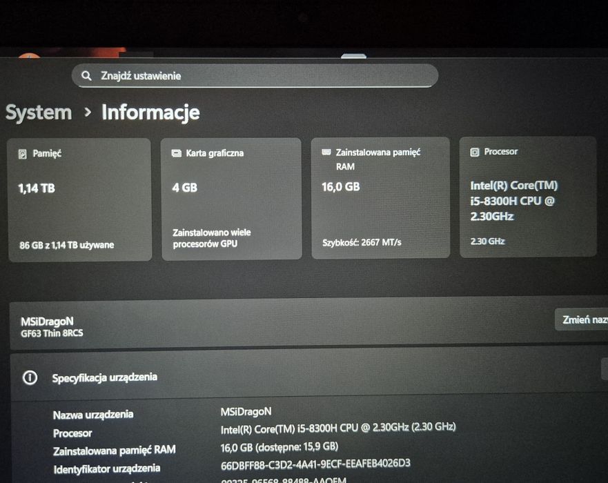 MSI GF63 - i5-8300H / GTX 1050 4GB / SSD Samsung 1TB