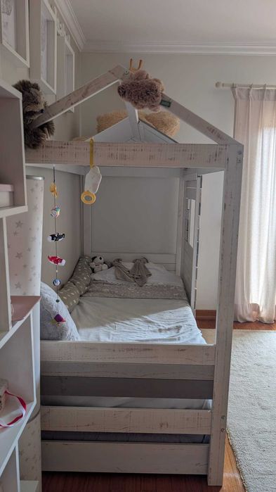 Cama Cabana Dupla 90x190cm branco e cinza + 1 colchão