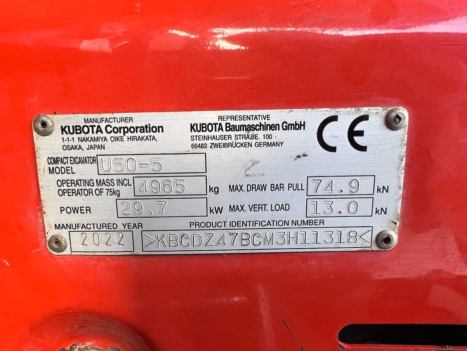 Мініекскаватор Kubota U50-5, 2022 р., 2220 м/г, 4 ковші | Kubota U50-5 Mini Excavator, 2022, 2220 Hours, 4 Buckets