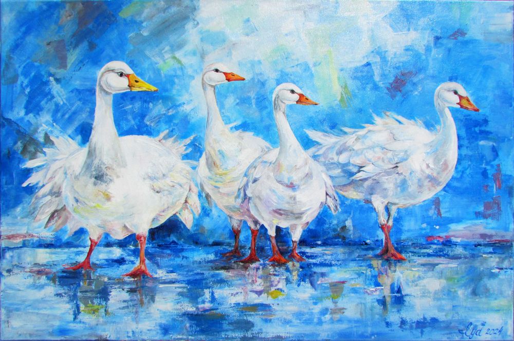 Super prezent! Gęsi w deszczu. Oryginalny obraz Akryl, płótno, 90x60cm