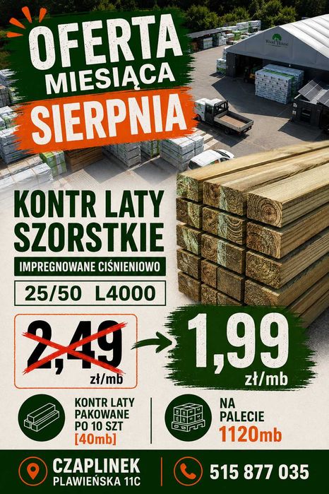Kontrłaty impregnowane 25x50 | kontr łaty | łata | drewno