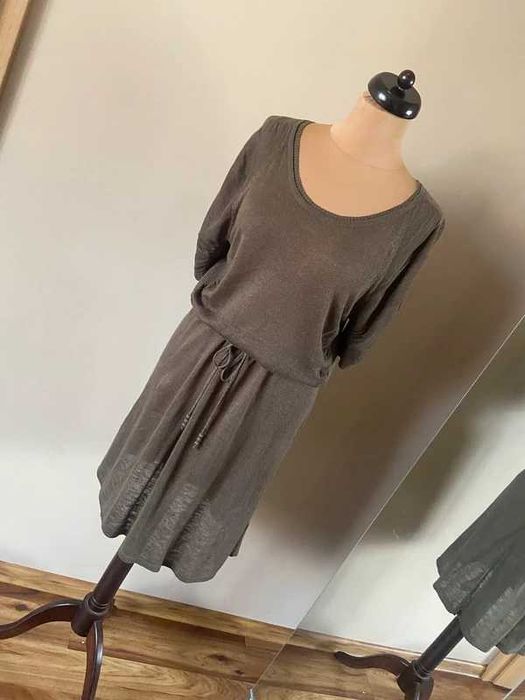 Len  l xl 42 +size braz khaki organic midi lekka sweterkowa sukienka