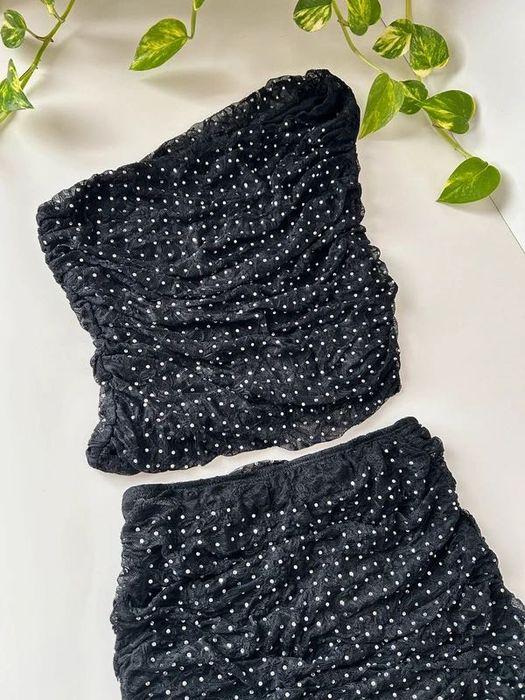 Czarny komplet, drapowany tiul koronka, cyrkonie, top+spódnica, Zara S