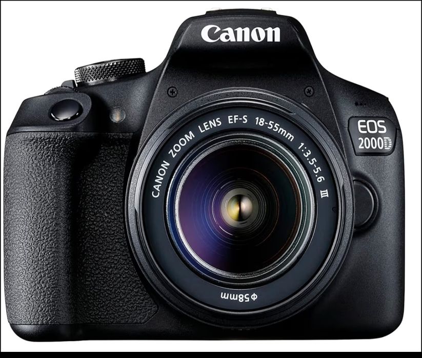 Câmara fotográfica Canon EOS 2000d em caixa.
