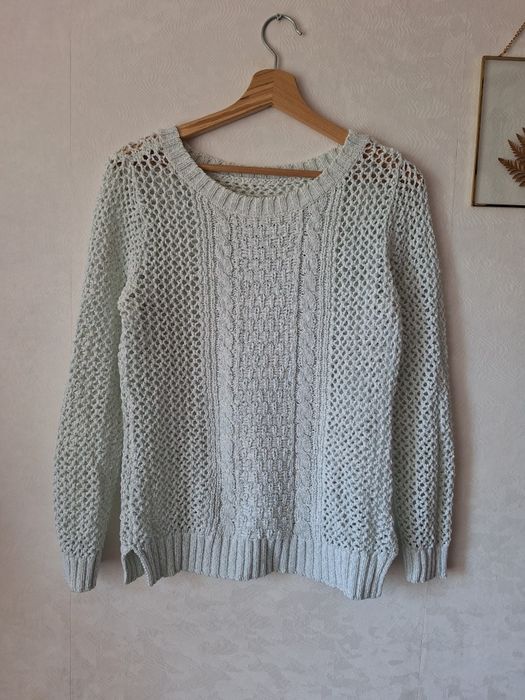 Sweter bluzka  38  M miętowy okrągły dekolt dziurkowany warkocze