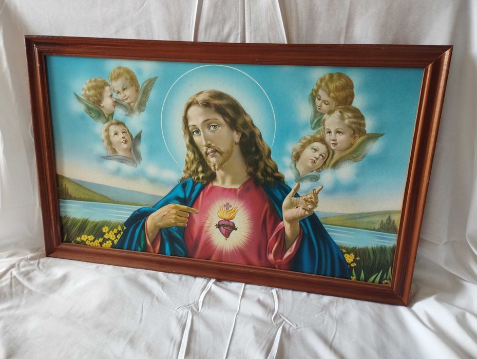 Quadro Sagrado Coração de Jesus, emoldurado em madeira