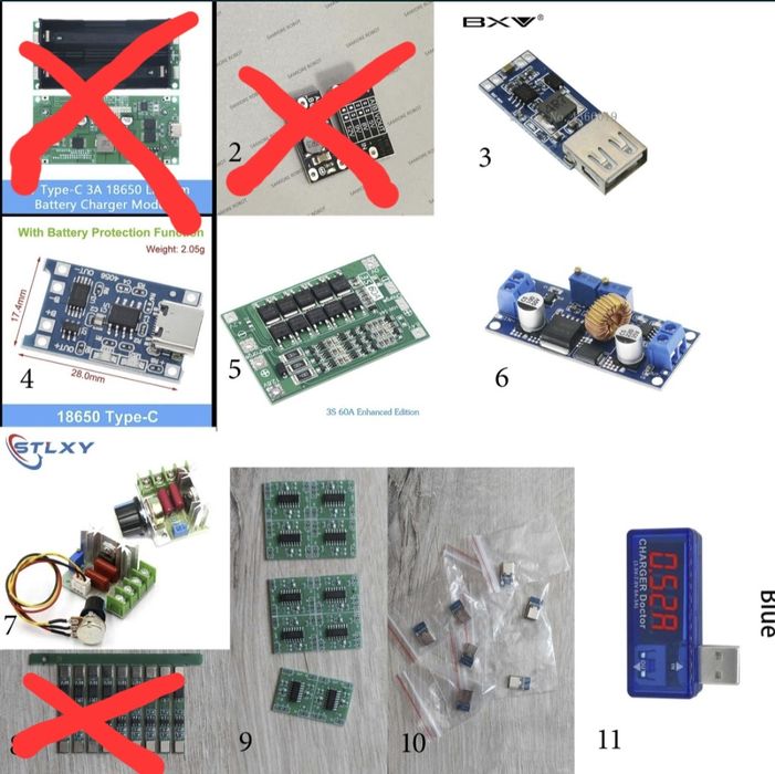 BMS, плати зарядки 18650, перетворювачі, Type-C розєми на зарядку.